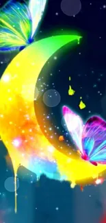 Vibrant neon moon with colorful butterflies on a dark background.