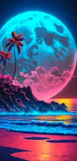 Neon moonlit beach with vivid colors and palm trees.