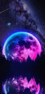 Vibrant purple neon moon with a galaxy backdrop and reflective forest.