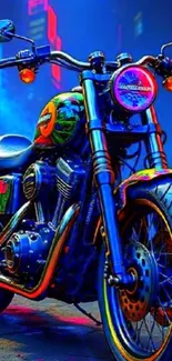 Vibrant neon motorcycle in city lights.