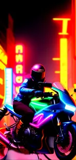 Futuristic neon motorcycle with city lights.