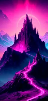 Neon mountain landscape with pink and blue colors.