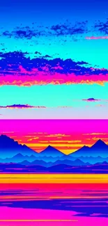 Vibrant neon mountain landscape at sunset.