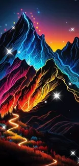 Vibrant neon mountain landscape with colorful glowing peaks.