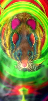 Vibrant neon mouse art with colorful green and red hues.