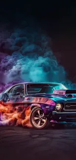 Classic muscle car with vibrant neon smoke.