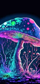 Neon mushroom digital art with vibrant colors on a dark background.