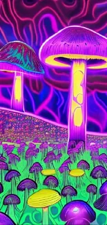 Psychedelic neon mushroom art wallpaper for mobile screen.