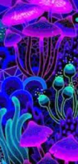 Vibrant neon mushroom art with deep purple hues.