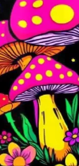 Vibrant neon mushrooms with bright flowers and psychedelic patterns.