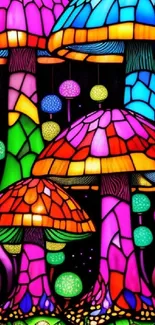 Vibrant neon mushrooms with stained glass effect