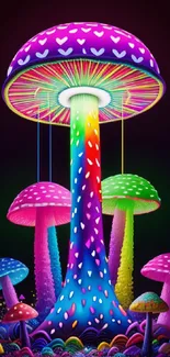 Vibrant neon mushroom art with glowing colors and surreal design.