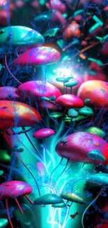 Vibrant neon mushroom wallpaper with colorful luminescent hues.