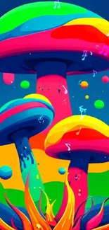 Vibrant neon art with colorful mushrooms and vivid design.