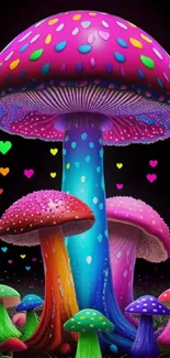 Vibrant neon mushrooms with colorful glowing patterns on a dark background.