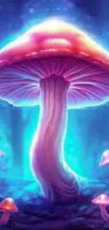 Vibrant neon mushroom in a glowing forest scene wallpaper.