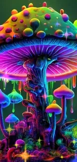 Vibrant neon mushroom art wallpaper for mobile device.