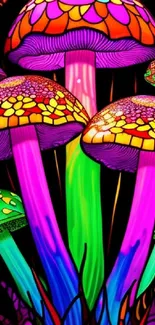 Vibrant neon mushrooms in psychedelic art style.