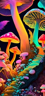 Vibrant neon mushrooms in a colorful fantasy forest scene wallpaper.