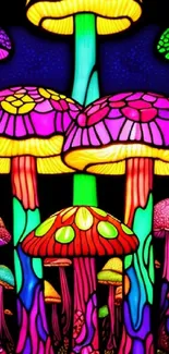 Vibrant neon mushrooms in a psychedelic design.