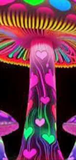 Neon mushroom with psychedelic colors and heart designs.