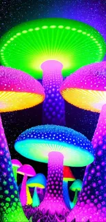 Vibrant neon mushrooms glowing in psychedelic colors.