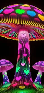 Vibrant neon mushroom fantasy with glowing colors and heart patterns.