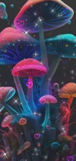 Vibrant neon colored mushrooms with sparkling hearts.