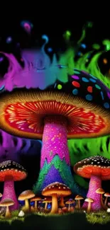 Vibrant neon mushrooms with psychedelic colors.