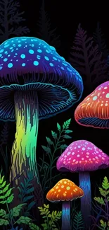 Colorful neon mushrooms in a dark forest setting.