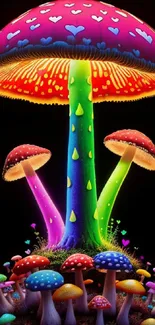 Vibrant neon mushrooms in a glowing forest design for mobile wallpaper.