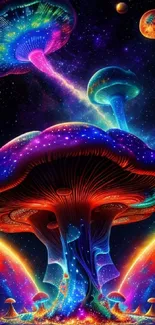 Colorful neon galaxy with mushrooms and cosmic scenery.