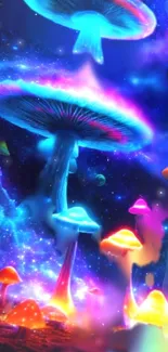 Colorful neon mushrooms in a galaxy scene wallpaper.