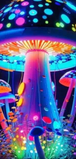 Colorful neon mushrooms glowing vibrantly.