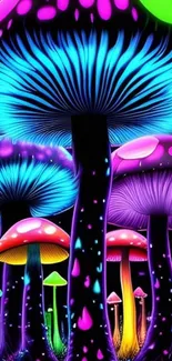 Neon mushrooms glowing in vibrant colors, creating a surreal fantasy scene.