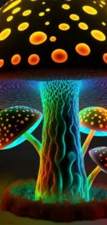 Vibrant neon mushrooms glowing in psychedelic colors on a dark background.