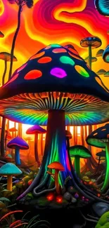 Vibrant neon mushrooms in colorful forest setting, glowing with psychedelic hues.