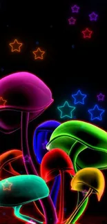 Vibrant neon mushrooms on dark background mobile wallpaper.