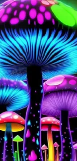 Vibrant neon mushrooms with glowing stems and caps in vivid blue and purple hues.