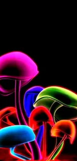 Vibrant neon mushrooms glowing on a dark background, perfect for mobile wallpaper.