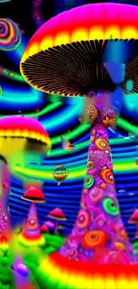 Vibrant neon mushroom wallpaper with psychedelic colors.