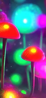 Neon mushrooms glowing in vibrant colors against a dark background.