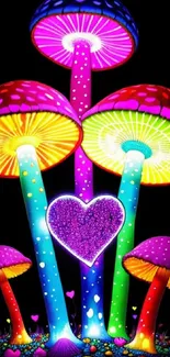 Vibrant neon mushrooms with heart design on black background.