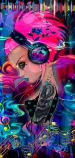 Vibrant neon artwork of a girl with headphones, exuding musical energy.