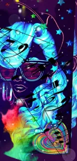 Vibrant neon portrait with musical notes and colorful design.