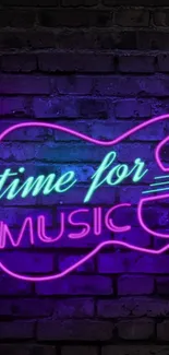 Neon guitar and music sign with vibrant purple hues.