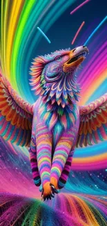 Vibrant neon mythical bird with rainbow wings in a digital art style.