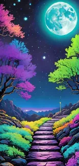 Vibrant neon fantasy landscape with colorful trees and a glowing moon night sky.