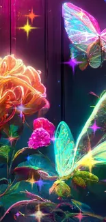 Neon flowers and butterflies glowing in vibrant colors on a dark background.