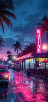 Neon street with vintage car and palm trees at night.